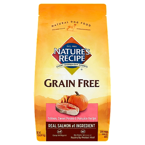 Nature's Recipe Grain Free Salmon, Sweet Potato & Pumpkin Recipe Natural Dog Food, 4 lb
Grain Free Salmon, Sweet Potato & Pumpkin Recipe Natural Dog Food for All Ages

• Free of Grains
Nutrient-dense carbohydrate sources (such as sweet potato and pumpkin) contain fiber to help support healthy digestion
• Active Nutrients & Antioxidants
In every bite support your dog's overall health
• Skin & Coat Health
Omega 3 and omega 6 fatty acids help support healthy skin and a shiny coat
• Healthy Digestion
Fiber helps support digestion and immune system health
• Strong Muscles
Protein from delicious salmon helps maintain optimal muscle strength and endurance
• Strong Bones
Calcium and phosphorous help support strong bones and teeth

Nutritional Statement
Nature's Recipe® Grain Free Salmon, Sweet Potato, and Pumpkin Recipe dog food is formulated to meet the nutritional levels established by the AAFCO Dog Food Nutrient Profiles for All Life Stages including growth of large size dogs (70 lb or more as an adult).