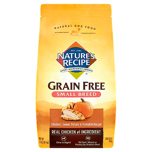 Nature's Recipe Small Breed Chicken, Sweet Potato & Pumpkin Recipe Natural Dog Food, 4 lb
Small Breed Chicken, Sweet Potato & Pumpkin Recipe Natural Dog Food for Adult Dogs

• Free of Grains
Nutrient-dense carbohydrate sources (such as sweet potato and pumpkin) contain fiber to help support healthy digestion
• Active Nutrients & Antioxidants
In every bite support your dog's overall health
• Strong Bones
Calcium and phosphorous help support strong bones and teeth
• Healthy Digestion
Fiber helps support digestion and immune system health
• Strong Muscles
Protein rich chicken helps maintain optimal muscle strength and endurance
• Joint Health
Glucosamine helps support joint function and mobility

Nutritional Statement
Nature's Recipe® Small Breed Grain Free Chicken, Sweet Potato and Pumpkin Recipe dog food is formulated to meet the nutritional levels established by the AAFCO Dog Food Nutrient Profiles for maintenance.