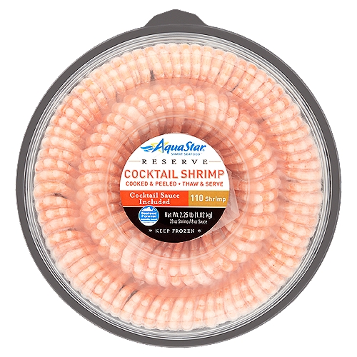 Aqua Star Reserve Cooked & Peeled Cocktail Shrimp, 110 count, 2.25 lb
Our unique process retains the natural sweet flavor and bright red color for the best shrimp ever.