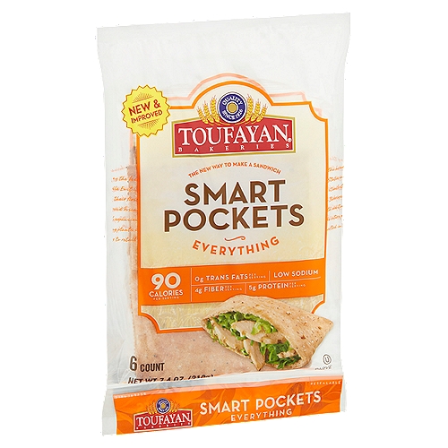 Toufayan Bakeries Everything Smart Pockets, 6 count, 7.4 oz
The Better Way to Make a Sandwich
Easy open. Soft & pliable.
Convenient for on-the-go eating.
Nutritious & delicious.
Only 90 calories!