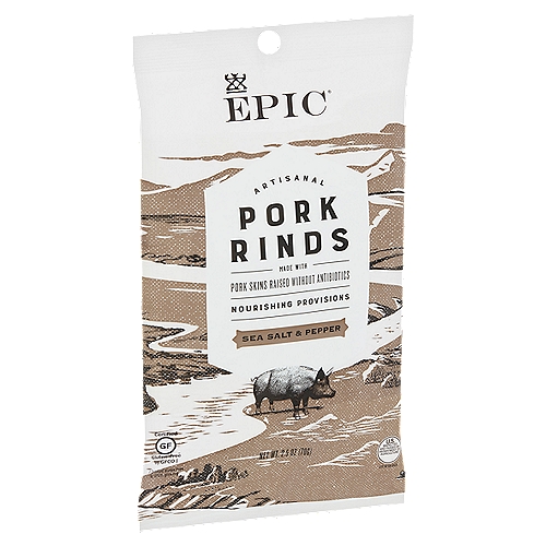 Еріс Sea Salt & Pepper Artisanal Pork Rinds, 2.5 oz
What is a Rind?
A Rind is a Fried Pork Skin Taken from Either the Belly or Back of a Hog. This Skin is Softer in Texture and as a Result, when Cooked these Parts of the Hog Have a Fluffy Texture and are Often Considered ''Porkier'' than Pork ''Cracklings''. Additionally, Pork Rinds Have Very Little Meat Cooked into the Product. The End Result is the Perfect Lightweight Snack that Melts in Your Mouth.

Feed Others as You Wish to Be Fed™
An innovative take on an iconic American snack food, our pork skins are created using traditional methods inspired by our grandparents' generation. Quality pork and simple seasonings are the foundation for this simple, yet nourishing approach to creating enchanting food that is both time tested and trusted by consumers.