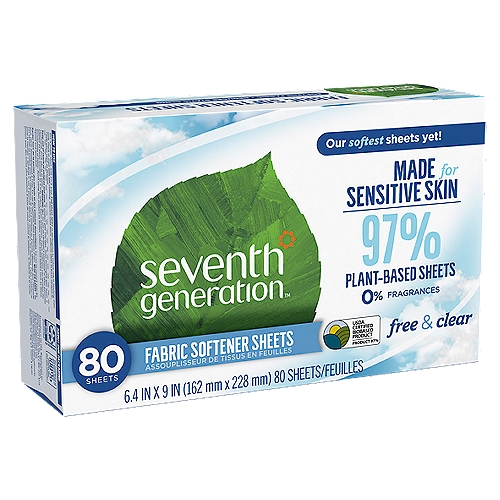 Seventh Generation Free & Clear Fabric Softener Sheets, 80 countnSeventh Generation's Free and Clear Fabric Softener Sheets are made for your sensitive skin. We've re designed our dryer sheets for softer clothes and less static, but still make them with 97 percent plant based ingredients because we believe it's a great way to care for your family. Did we mention they're fragrance-free, hypoallergenic, and dermatologist tested? We believe you deserve to know what's in the products you buy, so we list our ingredients right on the package. nnAt Seventh Generation, we do business differently. We believe our products are healthy solutions for use within your home and for the community and environment outside it. We are always evaluating how to reduce their environmental impact, increase performance and safety, and create a more sustainable supply chain. Not only that, but we believe it is our responsibility to set a course for a more mindful way of doing business, where companies act as partners with other stakeholders to create a brighter future for the whole planet. Seventh Generation is proud to be a Certified B Corporation. B Corps are certified to be better for workers, better for communities, and better for the environment. By choosing Seventh Generation laundry soap and products, you're joining us in nurturing the health of the next seven generations.