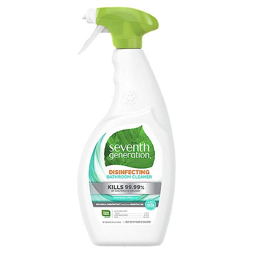 Seventh Generation Disinfecting Bathroom Cleaner Lemongrass Citrus 26 oz
The place we go to get clean should be clean, right? Seventh Generation Disinfecting Bathroom Cleaner kills 99.99% of household germs botanically, including cold and flu viruses*. Our foaming bathroom cleaner is designed to disinfect. It is formulated without the use of bleach or synthetic fragrances. Our Lemongrass Citrus Scent Bathroom Scented Disinfecting Cleaner is scented with essential oils and botanical ingredients and leaves your bathroom smelling fresh and clean. This EPA registered disinfectant and deodorizer can be used around kids and pets and is suitable for use on all hard non-porous surfaces in the bathroom, including toilet, tub, shower, sink, and more.
A partnership with the CleanWell Company, makers of the disinfectant formula based on an essential oil, brings you a line of Seventh Generation Disinfecting Cleaners with CleanWell Inside.
Kills 99.99% of household germs, specifically: Influenza A virus, H1N1, Rhinovirus type 37 (the Common Cold virus), Staphylococcus aureus, Salmonella enterica, Pseudomonas aeruginosa and Escherichia coli on hard, nonporous surfaces.
At Seventh Generation we do business differently. We believe our products are healthy solutions for use within your home-and for the community and environment outside of it. We are always evaluating how to reduce their environmental impact, increase performance and safety, and create a more sustainable supply chain. We believe it is our responsibility to set a course for a more mindful way of doing business, where companies act as partners with other stakeholders to create a brighter future for the whole planet. Seventh Generation is proud to be a Certified B Corporation. B Corps are certified to be better for workers, better for communities, and better for the environment. By choosing Seventh Generation products, you're joining us in nurturing the health of the next seven generations.

Kills 99.99% of Bacteria & Viruses*
*Kills over 99.99% of household germs, specifically: Influenza A virus, H1N1, Rhinovirus type 37, Staphylococcus aureus, Salmonella enterica, Pseudomonas aeruginosa and Escherichia coli on hard, nonporous surfaces.

Suitable for use on all hard, nonporous surfaces where bacteria or unpleasant odors are a concern including: Toilet seats, sinks, bathtubs, vanities.