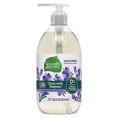 Seventh Generation Lavender Flower & Mint Scent Hand Wash, 12 fl oznSeventh Generation Lavender Flower & Mint Hand Soap is mild and gentle on your handsnOur hand wash is designed to clean your hands without drying your skinnNo synthetic fragrances, dyes, triclosan, chlorine or phthalatesnOur hand wash formula is USDA Certified Biobased 97%nSophisticated bottle design looks great on kitchen and bathroom countersnCaring today for the next seven generationsnnAfter 25 years of innovation, we've learned a thing or two from plants: they can clean up our world while being kind to our families. Seventh Generation plant-based Hand Wash gets the job done with no dyes, no synthetic fragrances, no triclosan, and no phthalates. Life is complicated. Choosing a liquid hand soap should be simple. The gentle plant-based formula in Seventh Generation Hand Wash is made with renewable cleaning ingredients that leave hands clean, soft and refreshed. Our Lavender Flower & Mint scent is derived from 100% essential oils and botanical extracts. Everything should be this easy. Our formulas, made with plant-based ingredients, can appear cloudy in colder temperatures. This is normal and does not impact how well the product works!nAt Seventh Generation we do business differently. We believe our products are healthy solutions for use within your home-and for the community and environment outside of it. We are always evaluating how to reduce their environmental impact, increase performance and safety, and create a more sustainable supply chain. We believe it is our responsibility to set a course for a more mindful way of doing business, where companies act as partners with other stakeholders to create a brighter future for the whole planet. Seventh Generation is proud to be a Certified B Corporation. B Corps are certified to be better for workers, better for communities, and better for the environment. By choosing Seventh Generation products, you're joining us in nurturing the health of the next seven generations.