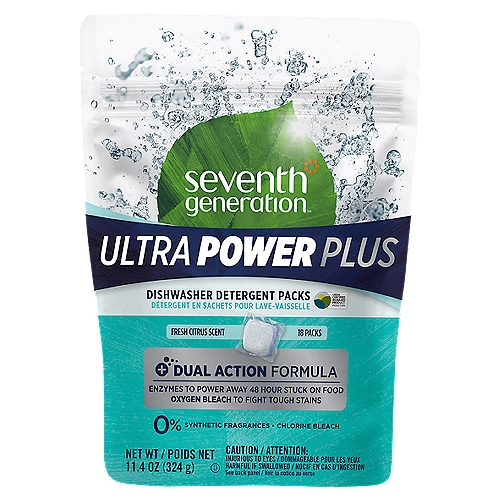 Seventh Generation Dishwasher Detergent Packs Fresh Citrus 18 count
Have a tough job? We have an easy answer. Ultra Power Plus Seventh Generation Dish Detergent Packs feature our powerful grease-fighting formula to leave your dishes with a sparkling, streak-free shine. This dish detergent's hardworking enzymes power away 48-hour stuck-on food, while oxygen bleach fights tough stains - all without the use of synthetic fragrances, dyes, phosphates, or chlorine bleach. Our single dose dishwasher detergent pods come in a dissolvable PVA film that can be tossed right in the dishwasher for a hassle-free alternative to traditional powders and gels - no need to unwrap or measure. Because when things get messier, you shouldn't have to work harder. That's our job.
 
For more than 25 years, Seventh Generation has been thoughtfully formulating safe and effective plant-based products that work. Really well. Our dishwasher soap uses powerful plant-based ingredients like surfactants and enzymes to break down tough residue and lift away food leaving your dishes sparkling clean. So how does it all work? The dishwasher tablets enzymes cut through grease and food by breaking down starch and protein-based residue while the surfactants remove dirt and grease by holding the molecules in suspension so they can wash away. Yes, even those fussy egg stains.
 
Based in Vermont, Seventh Generation is proud to be a Certified B Corporation. B Corps are certified to be better for workers, better for communities, and better for the environment. By choosing Seventh Generation products, you're joining us in nurturing the health of the next seven generations.

What's Inside Our Safe* & Effective Formula
Sodium carbonate - mineral-based cleaning agent
Citric acid - plant-derived water softener
Sodium sulfate - mineral-based processing aid
Sodium percarbonate - mineral-based oxygen stain removal agent
PPG-10-laureth-7 - plant-modified synthetic cleaning agent
Sodium silicate - mineral-based cleaning enhancer
Sodium magnesium silicate - mineral-based anti-spotting agent
Sodium aluminosilicate - mineral-based water softener
Sodium carboxymethyl inulin - plant-based soil dispersant
Protease - plant-derived enzyme blend soil remover
Amylase - plant-derived enzyme blend soil remover
Citral - plant-derived fragrance
Citrus aurantium bergamia (bergamot) fruit oil - plant-derived fragrance
Citrus aurantium dulcis (orange) peel oil - plant-derived fragrance
Citrus grandis (grapefruit) peel oil - plant-derived fragrance
Lavandula angustifolia (lavender) oil - plant-derived fragrance
Ultramarine blue - mineral-based colorant
Film:
Polyvinyl alcohol - synthetic water-soluble film
Glycerin - plant-derived processing aid
*When used as directed.