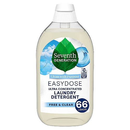 Seventh Generation EasyDose Free & Clear Ultra Concentrated Laundry Detergent, 66 loads, 23 oz
Life is complicated. Laundry shouldn't be. With Seventh Generation's new EasyDose Ultra Concentrated Liquid Laundry Detergent you get the right amount of liquid-every time. Just flip the bottle, give a firm squeeze, and you're done. One squeeze is all you need! Our compact 23oz bottle gives you the same 66-load convenience you expect, but uses 60% less plastic, 50% less water, and is 75% lighter than our 100 fl oz bottle. A USDA Certified Biobased Product 99% made with an advanced-enzyme formula that fights tough stains, it's a great choice for your busy family. Easy to use, easy to store, and easy to love-our Ultra Concentrated Laundry Detergent is about to change the way you think about clean. 

Try with our Seventh Generation Dryer Sheets or our Liquid Fabric Softener - both available in Free & Clear! 

At Seventh Generation, we do business differently. We believe our products are healthy solutions for use within your home-and for the community and environment outside it. We are always evaluating how to reduce their environmental impact, increase performance and safety, and create a more sustainable supply chain. It is our responsibility to set a course for a more mindful way of doing business, where companies act as partners with other stakeholders to create a brighter future for the whole planet. Seventh Generation is proud to be a Certified B Corporation. B Corps are certified to be better for workers, better for communities, and better for the environment. By choosing Seventh Generation laundry soap washing detergent and both liquid and fabric softener sheets products, you're joining us in nurturing the health of the next seven generations.