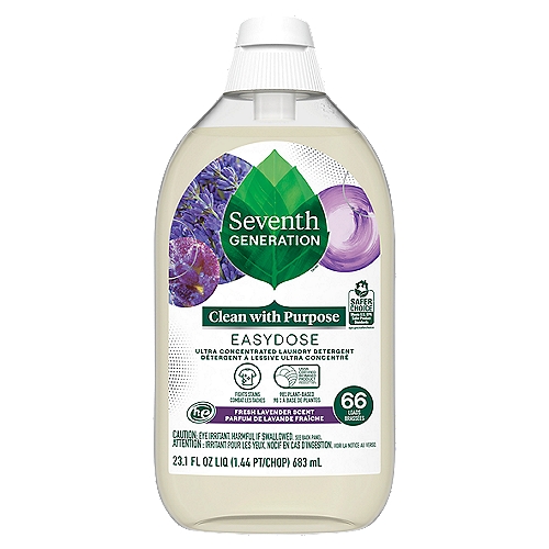 Seventh Generation EasyDose Fresh Lavender Scent Laundry Detergent, 66 loads, 23.1 fl oz liqnLife is complicated. Laundry shouldn't be. With Seventh Generation's new EasyDose Ultra Concentrated Liquid Laundry Detergent you get the right amount of liquid-every time. Just flip the bottle, give a firm squeeze, and you're done. One squeeze is all you need! Our compact 23oz bottle gives you the same 66-load convenience you expect, but uses 60% less plastic, 50% less water, and is 75% lighter than our 100oz bottle. With a refreshing lavender scent made with 100% essential oils and botanical ingredients, and an advanced-enzyme formula that fights tough stains, it's a great choice for your busy family. Easy to use, easy to store, and easy to love-our Ultra Concentrated Laundry Detergent is about to change the way you think about clean.nnTry with our Seventh Generation Dryer Sheets or our Liquid Fabric Softener - both available in Fresh Lavender scent! nnAt Seventh Generation, we do business differently. We believe our products are healthy solutions for use within your home-and for the community and environment outside it. We are always evaluating how to reduce their environmental impact, increase performance and safety, and create a more sustainable supply chain. It is our responsibility to set a course for a more mindful way of doing business, where companies act as partners with other stakeholders to create a brighter future for the whole planet. Seventh Generation is proud to be a Certified B Corporation. B Corps are certified to be better for workers, better for communities, and better for the environment. By choosing Seventh Generation laundry soap washing detergent and both liquid and fabric softener sheets products, you're joining us in nurturing the health of the next seven generations.