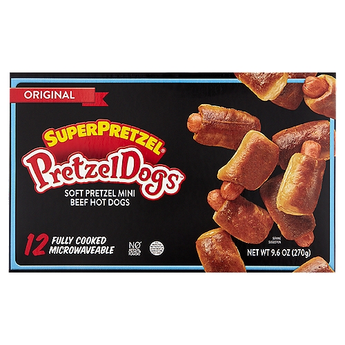 12 Mini Beef Hot Dogs Wrapped in Soft Pretzel Blankets. Fully Cooked. Microwaveable 