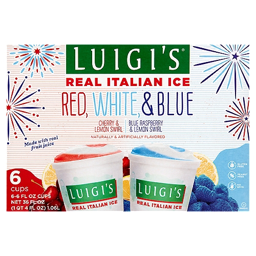 Luigi's Cherry & Lemon and Blue Raspberry & Lemon Swirl Real Italian Ice, 6 fl oz, 6 count
Red, White, & Blue Cherry & Lemon and Blue Raspberry & Lemon Swirl Real Italian Ice

Our Frozen Philosophy
It only takes a cup of Luigi's Real Italian Ice and a bit of imagination to create a house full of smiles. So, peel that top, grab your spoon and let the refreshing, frozen, real-fruit-juice fun begin. Life is a treat that's meant to be shared.

 Blue Raspberry Lemon Swirl Ingredients: Water, Syrup Blend (Sucrose Syrup and Corn Syrup), Apple Juice from Concentrate (Water, Apple Juice Concentrate), Sugar, Contains 2% or Less of The Following: Lemon Juice from Concentrate (Water, Lemon Juice Concentrate), Citric Acid, Natural and Artificial Flavors (with FD&C Blue #1), Stabilizer (Guar Gum, Xanthan Gum, Dextrose).