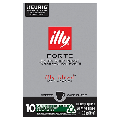 Illy Forte Extra Bold Roast Coffee K-Cup Pods, 0.38 oz, 10 count
illy blend™ 100% Arabica

Classico - Mild and Balanced
Intenso - Full-Bodied
Forte - Rich and Strong
Decaffeinato - Mild and Balanced