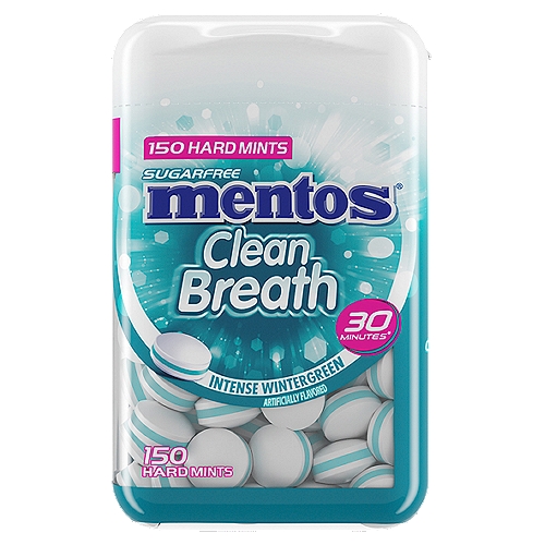 Mentos Intense Wintergreen Clean Breath Hard Mints, 150 count
30 Minutes*
*Proven to Help Provide Clean Breath for 30 Minutes

35% Fewer Calories than Sugared Mints. Calorie Content of this Size Piece Has Been Reduced from 3 to 2 Calories.