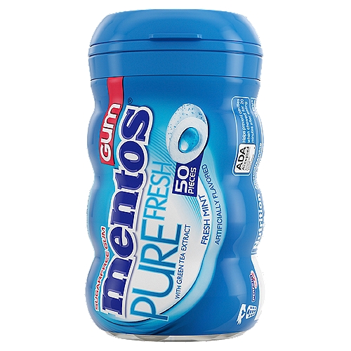 Mentos Pure Fresh Mint Sugarfree Gum, 50 count
35% fewer calories than sugared gum. Calorie content of this size piece has been reduced from 6 to 4 calories.