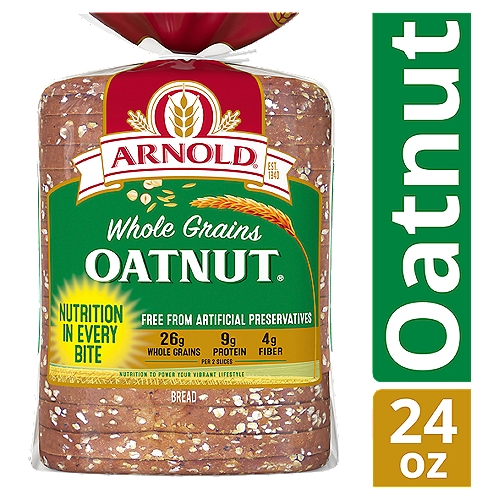 Arnold Whole Grains Oatnut Bread, 8 oz
Arnold Oatnut bread is baked with a hearty flavorful blend of oats, sunflower seeds and real hazelnuts. Arnold bread is free from artificial preservatives, colors and flavors with No Added Nonsense.