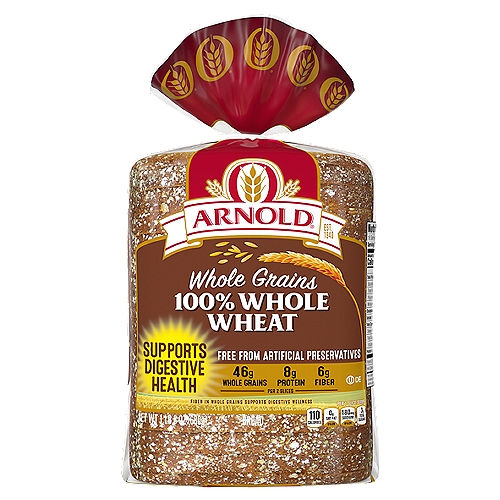 Arnold Whole Grains 100% Whole Wheat Bread, 1 lb 8 oz
Arnold 100% Whole Wheat bread is baked with a rich taste you'll love. Arnold bread is free from artificial preservatives, colors and flavors with No Added Nonsense.