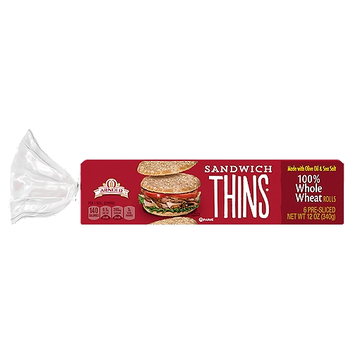6 pre-sliced 100% Whole Wheat Sandwich Thins rolls made with premium ingredients like olive oil and sea salt