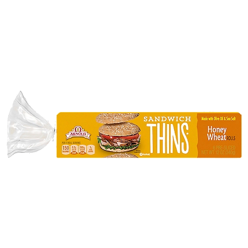 6 pre-sliced Honey Wheat Sandwich Thins rolls made with premium ingredients like olive oil and sea salt
