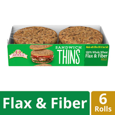 Arnold Sandwich Thins 100% Whole Wheat Flax & Fiber Pre-Sliced Rolls, 6 count, 12 oz