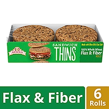 Arnold Sandwich Thins 100% Whole Wheat Flax & Fiber Pre-Sliced Rolls, 6 count, 12 oz
