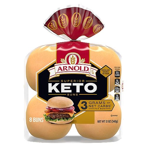 Eating a hamburger without a bun is hard for those who love their Keto lifestyle. But now you no longer have to make that sacrifice with Arnold Keto Hamburger Buns: 8 pre sliced hamburger buns. An excellent source of fiber, made with premium ingredients & 6 grams of net carbs per serving!