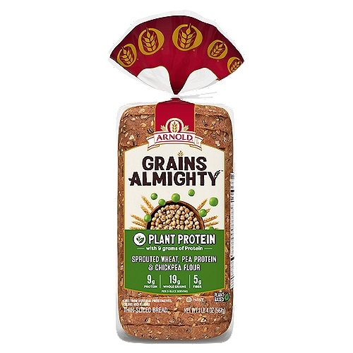 Grains Almighty™ is a celebration of spectacular ingredients that are baked to unlock the natural goodness of diverse and nutrient-rich whole grains. These recipes are baked with wholesome ingredients and a pinch of plain common sense to create delicious and nutritious breads that help you be your best!nnBaked with sprouted whole grains, chickpea flour, and pea protein Grains Almighty™ Plant Protein Bread has nine grams of protein in every two-slice serving!