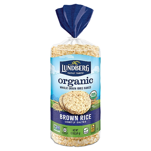 Lundberg Family Farms OG BROWN RICE CAKE LIGHTLY SALTED, 8.5 oz
Savor the taste of toasty, whole grain brown rice lightly seasoned with sea salt.

Our organic rice cakes are made with fresh milled organic brown rice, grown on our family of farms. We carefully craft each rice cake to be thick, crunchy, and full of flavor!