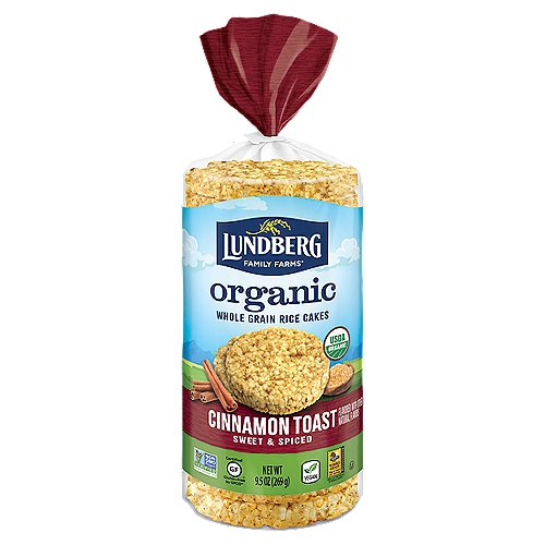 Lundberg Family Farms OG CINNAMON TOAST RICE CAKE, 9.5 oz
Savor the taste of toasty, whole grain brown rice sweetened with just the right amount of cinnamon sugar.

Sweet & Spiced Whole Grain Rice Cakes

Our organic rice cakes are made with fresh milled organic brown rice, grown on our family of farms. We carefully craft each rice cake to be thick, crunchy, and full of flavor!