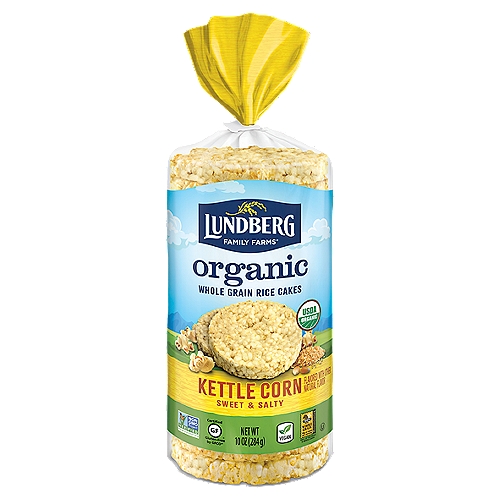 Lundberg Family Farms OG KETTLE CORN RICE CAKE, 10 oz
Savor the taste of toasty, whole grain brown rice seasoned with the sweet-and-salty flavor of fresh kettle corn.

Whole Grain Rice Cakes

Our organic rice cakes are made with fresh milled organic brown rice, grown on our family of farms. We carefully craft each rice cake to be thick, crunchy, and full of flavor!