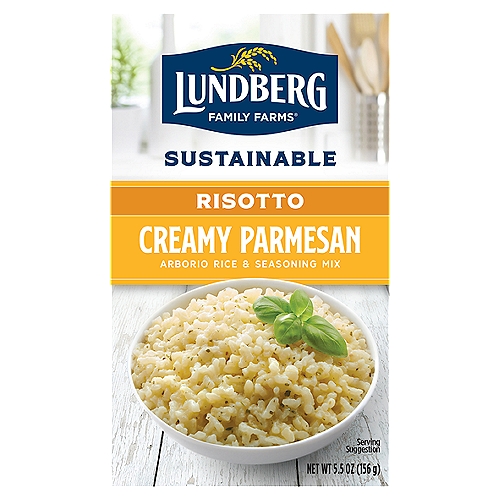 Lundberg Family Farms CREAMY PARMESAN RISOTTO, 5.5 oz
Savor the rich, nutty flavor of aged Parmesan in this irresistible blend of creamy Arborio rice and quality ingredients like Parmesan cheese, onion, garlic, and parsley.

Arborio Rice & Seasoning Mix

This Italian-style risotto is specially crafted to add gourmet flair to any meal! Serve it as a delicious side dish or dress it up with your favorite ingredients. We recommend topping it with seared scallops. Or keep it simple and garnish with more grated Parmesan cheese. Did we mention it cooks in 20 minutes? Just sauté, stir, simmer, and serve!