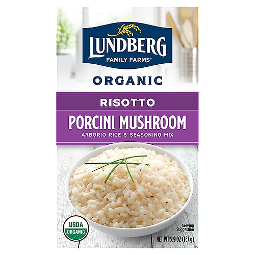 Lundberg Family Farms OG PORCINI WILD MUSHROOM RISOTTO, 5.9 oz
Savor the rich, umami flavor of wild porcini mushrooms in this irresistible blend of creamy Arborio rice and quality, organic ingredients like mushrooms, garlic, and onion.

Arborio Rice & Seasoning Mix

This Italian-style risotto is specially crafted to add gourmet flair to any meal! Serve it as a delicious side dish or dress it up with your favorite ingredients. We recommend adding freshly ground pepper, shaved parmesan cheese, and fresh parsley. Did we mention it cooks in 20 minutes? Just sauté, stir, simmer, and serve!