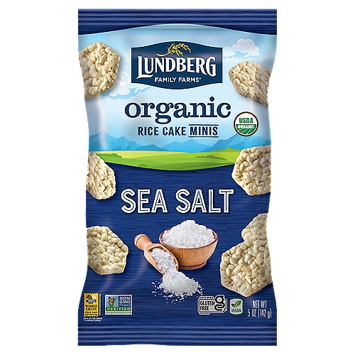 Lundberg Family Farms OG MINI RICE CAKES SEA SALT, 5 oz
Toasty brown rice is popped to perfection and tumbled in just the right amount of simple, savory sea salt to create a vegan snack everyone can enjoy.

Farmed Responsibly, Crafted Deliciously.
Experience fun and flavor in a light, bite-sized treat. Rice Cake Minis are the perfect guilt-free, smart way to snack! Made with organic whole grains and carefully crafted to be thin, lightly crunchy, and full of flavor!