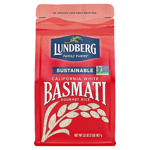 Lundberg Family Farms 2LB CALIFORNIA WHITE BASMATI RICE
California White Basmati has always been a family favorite for its versatility and pleasant aroma. This long, thin grain is light and won't clump together when cooked, making it a natural fit for curry, stir-fry, salad, pilaf, and dessert recipes that call for distinct kernels with a fluffy texture.

California White Basmati Gourmet Rice