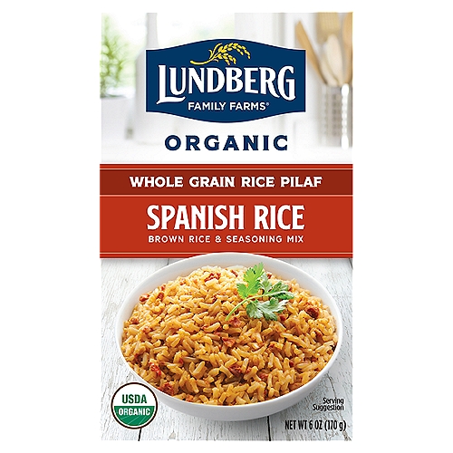 Lundberg Family Farms OG WHOLE GRAIN SPANISH RICE, 6 oz
A savory balance of rice and spices! Our recipe starts with organic whole grain brown rice, which is brightened by a rich blend of tomato, onion, garlic, and bell peppers.

Brown Rice & Seasoning Mix

Lundberg Organic Whole Grain Rice Pilafs are specially crafted to be delicious side dishes or easily dressed up with your favorite ingredients. Our Whole Grain Spanish Rice Pilaf pairs perfectly with tacos, tostadas, or fajitas. For Barcelona-style rice, try adding cooked chicken thighs, shrimp, and clams. Or keep it simple- just stir, simmer, and serve!