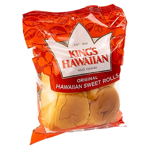 King's Hawaiian Original Hawaiian Sweet Rolls, 4 count, 4 oz
Enjoy the delicious taste of KING'S HAWAIIAN Original Hawaiian Sweet Rolls. This original Hawaiian sweet bread recipe is rolled into an authentic Hawaiian sweet dinner roll. KING'S HAWAIIAN dinner rolls have a melt-in-your mouth texture- soft and fluffy with just the right touch of sweetness that can elevate any meal. With no high fructose corn syrup, artificial dyes or trans fat, these sweet bread rolls are uniquely crowd-pleasing. KING'S HAWAIIAN Rolls are the perfect size to make great-tasting slider rolls, kid-friendly snacks and delightful desserts such as glazed donut bites. When they're not the main dish, KING'S HAWAIIAN sweet rolls still make an impression as a complement to family dinners or when shared as a delicious heat and eat side that's ready in a pinch. Don't be surprised if these irresistibly delicious dinner rolls get eaten before they ever make it to the table.