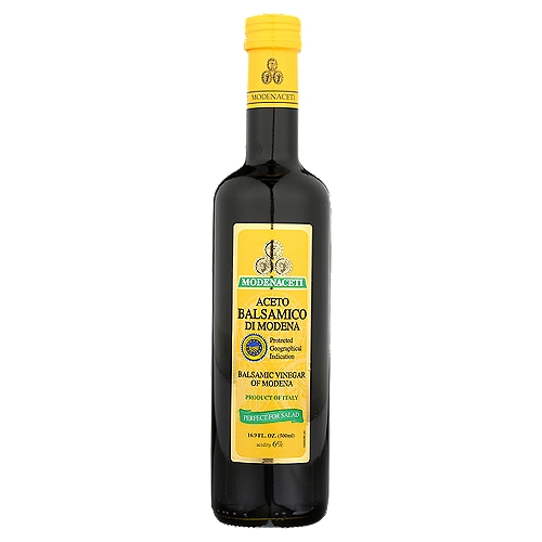 Modenaceti Balsamic Vinegar Classic, 16.9 fl oz
What Does Protected Geographical Indication (PGI) Mean?
The PGI seal of certification is awarded by the Certifying Committee and Supervisory Board of the European Union which has established a specific procedure that monitors every phase in production, from raw materials sourcing to finished product. Only Balsamic Vinegar of Modena made with grape must from permitted varietals that reflect the heritage of the Modena province in Northern Italy and produced in the same area is considered truly authentic. The result is a unique, superior quality Balsamic Vinegar of Modena with a full and rich taste perfect for a variety of uses. Modenaceti proudly carries the PGI seal as an official producer of Aceto Balsamico di Modena PGI. Consumers can be assured that they are purchasing the real Balsamic Vinegar of Modena.