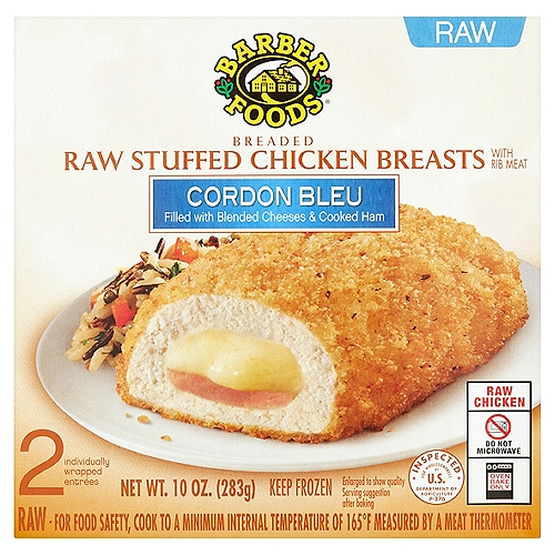 Barber Foods Cordon Bleu Breaded Raw Stuffed Chicken Breasts with Rib Meat, 2 count, 10 oz
For a delicious entree that is easy to prepare, Barber Foods Breaded Raw Stuffed Chicken Breasts Cordon Bleu are perfect for any night of the week. We start with a creamy blend of cheeses, add a generous slice of ham, wrap it all in savory, boneless chicken and add crispy golden brown breading. With 23 grams of protein per serving, these frozen stuffed chicken breasts with rib meat are easy to prepare in the oven. For a tasty meal the whole family will enjoy, prepare and serve with a side of roasted vegetables. Includes one 10 oz package of 2 individually wrapped breaded raw stuffed chicken breasts cordon bleu. With unmatched flavor and quality, Barber Foods provides the best of everything, and that's been our pledge since we started our business in 1955. Bring Barber Foods stuffed chicken to the table tonight and you'll find it's an instant family favorite that's perfect for every night of the week.