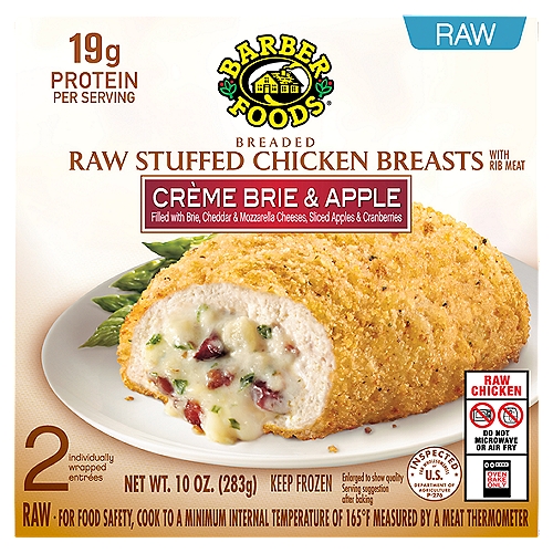 Barber Foods Crème Brie & Apple Breaded Raw Stuffed Chicken Breasts with Rib Meat, 2 count, 10 oz
For a delicious entree that is easy to prepare, Barber Foods Breaded Raw Stuffed Chicken Breasts Creme Brie and Apple are perfect for any night of the week. We start with a creamy blend of brie, cheddar and mozzarella cheeses, add sliced apples and cranberries, wrap it all in savory, boneless chicken and add crispy golden brown breading. With 20 grams of protein per serving, these frozen stuffed chicken breasts with rib meat are easy to prepare in the oven. For a tasty meal the whole family will enjoy, prepare and serve with a side of roasted vegetables. Includes one 10 oz package of 2 individually wrapped breaded raw stuffed chicken breasts creme brie and apple. With unmatched flavor and quality, Barber Foods provides the best of everything, and that's been our pledge since we started our business in 1955. Bring Barber Foods stuffed chicken to the table tonight and you'll find it's an instant family favorite that's perfect for every night of the week.
