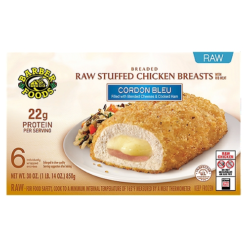 Barber Foods Cordon Bleu Breaded Raw Stuffed Chicken Breasts with Rib Meat, 6 count, 30 oz
