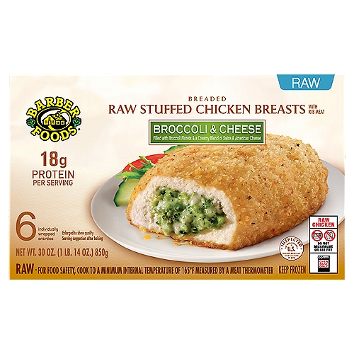 For a delicious entree that is easy to prepare, Barber Foods Breaded Raw Stuffed Chicken Breasts Broccoli and Cheese are perfect for any night of the week. We start with a creamy blend of Swiss and American cheeses, add broccoli florets, wrap it all in savory, boneless chicken and add crispy golden brown breading. With 19 grams of protein per serving, these frozen stuffed chicken breasts with rib meat are easy to prepare in the oven. For a tasty meal the whole family will enjoy, prepare and serve with a side of roasted vegetables. Includes one 30 oz package of 6 individually wrapped breaded raw stuffed chicken breasts broccoli and cheese. With unmatched flavor and quality, Barber Foods provides the best of everything, and that's been our pledge since we started our business in 1955. Bring Barber Foods stuffed chicken to the table tonight and you'll find it's an instant family favorite that's perfect for every night of the week.