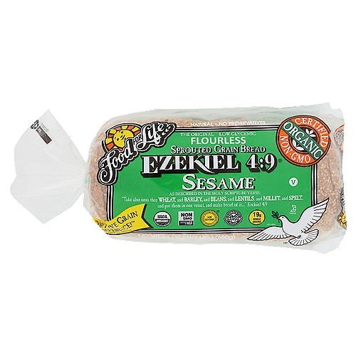 Ezekiel 4:9® Sprouted Grain Bread is inspired by the holy scripture verse: “Take also unto thee wheat, and barley, and beans, and lentils, and millet, and spelt, and put them in one vessel and make bread of it. . . '' Ez 4:9nWe discovered when these six grains and legumes are sprouted and combined, an amazing thing happens. A complete protein is created that containing all 9 essential amino acids.nnThere are 18 amino acids present in these unique bread — from all vegetable sources — naturally balanced in nature.nEzekiel 4:9® Bread, made from freshly sprouted organically grown grains, is naturally flavorful.nTry it served warm to release its exceptionally rich natural sesame taste.nThis biblical bread is truly the staff of life.nnQuestions: Are Food For Life sprouted whole grain breads gluten-free?nAnswer: While sprouting promotes the digestibility of grains through enzymatic activity, this product contains naturally occurring gluten found in whole grains, such as wheat.nnThe Miracle of the Sprouts...nFood For Life Breads have... The Live Grain Difference!™nDifferent from most breads today, this unique bread is made from freshly sprouted live grains and contain absolutely no flour. We believe in sprouting the grains we use in our breads because sprouting increases vital nutrients stored in whole grains.nTo unlock this dormant food energy, maximize nutrition and flavor, we add just the right amount of water to healthy whole organically grown grains. Beneficial enzymes are activated which cause the grains to sprout and become a living food. Our exclusive sprouting process not only increases vitamins, but also causes a natural change that allows the protein and carbohydrates to be assimilated by the body more efficiently. And even better still, our exclusive baking process preserves these valuable nutrients and retains the important natural fiber and bran.nYou can see, taste, and smell The Live Grain Difference!™ of Food For Life breads. As nutritious as they are delicious. Food For Life breads are the substance of a meal - not just something that holds a sandwich together. See the difference fresh sprouts really make.nSo when you're looking for nutrition in bread, reach for the sprouted grain breads from Food For Life and partake of the miracle. Your body and taste buds will know the difference!