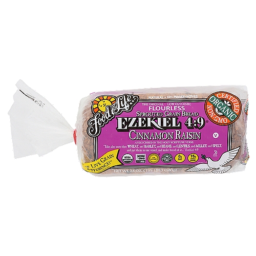 Ezekiel 4:9® Sprouted Grain Bread is inspired by the holy scripture verse: “Take also unto thee wheat, and barley, and beans, and lentils, and millet, and spelt, and put them in one vessel and make bread of it. . . '' Ez. 4:9nWe discovered when these six grains and legumes are sprouted and combined, an amazing thing happens. A complete protein is created that contains all 9 essential amino acids.nThere are 18 amino acids present in these unique bread — from all vegetable sources — naturally balanced in nature.nEzekiel 4:9® Bread, made from freshly sprouted certified organically grown grains, is naturally flavorful.nTry it served warm to release its exceptionally rich nutty flavor.nThis biblical bread is truly the staff of life.nnQuestions: Are Food For Life sprouted whole grain breads gluten-free?nAnswer: While sprouting promotes the digestibility of grains through enzymatic activity, this product contains naturally occurring gluten found in whole grains, such as wheat.nnThe Miracle of the Sprouts...nFood for life breads have... The Live Grain Difference!™nDifferent from most breads today, unique bread is are made from freshly sprouted live grains and contain absolutely no flour. We believe in sprouting the grains we use in our breads because sprouting increases vital nutrients stored in whole grains.nTo unlock this dormant food energy, maximize nutrition and flavor, we add just the right amount of water to healthy whole organically grown grains.nBeneficial enzymes are activated which cause the grains to sprout and become a living food. Our exclusive sprouting process not only increases vitamins but also causes a natural change that allows the protein and carbohydrates to be assimilated by the body more efficiently. And even better still, our exclusive baking process preserves these valuable nutrients and retains the important natural fiber and bran.nYou can see, taste, and smell The Live Grain Difference!™, of Food For Life breads. As nutritious as they are delicious. Food For Life breads are the substance of a meal - not just something that holds a sandwich together. See the difference fresh sprouts really make.nSo when you're looking for nutrition in bread, reach for the sprouted grain breads from Food For Life and partake of the miracle. Your body and taste buds will know the difference!