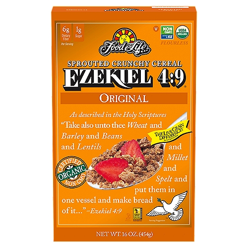 Food for Life Ezekiel 4:9 Original Sprouted Crunchy Cereal, 16 oz
As described in the Holy Scriptures
''Take also unto thee Wheat and Barley and Beans and Lentils and Millet and Spelt and put them in one vessel and make bread of it...'' - Ezekiel 4:9

The Live Grain Difference™
Did You Know?
Food For Life Ezekiel 4:9® sprouted grain crunchy cereals are made from sprouted organic live grains, legumes, and seeds, and contain absolutely no flour.
Sprouting is the only way to release all of the vital nutrients stored in whole grains.
We add just the right amount of water to healthy, whole, organically grown grains to unlock dormant food energy and maximize nutrition and flavor.
Beneficial enzymes are activated which cause the grains to sprout and become a living food.
The enzymatic action increases valuable nutrients and also causes a natural change that promotes a more efficient assimilation of protein and carbohydrates.
Our exclusive slow baking technique helps preserve valuable nutrients and retain important natural fiber and bran.

Our Cereals Contain No Refined Sugar, Preservatives, Artificial Colors or Flavors, No Shortening and No Cholesterol.

You can see, taste, and smell The Live Grain Difference™ of our crunchy cereals.

Your Body and Taste Buds Will know the Difference.
The natural whole grain goodness and energy source of crunchy Ezekiel 4:9® cereal is a great way to start the day off right.
~ Ezekiel 4:9® cereal can be enjoyed as a hot or cold breakfast cereal.
~ Top with fresh fruit for a healthy snack anytime, such as after a workout or in the evening.
~ Hot Cereal Lovers combine Ezekiel 4:9® cereal with a rice milk, soy milk or coconut juice, and heat.

The Nutrition Truth
We discovered when these six grains and legumes are sprouted and combined, an amazing thing happens. A complete protein is created that closely parallels the protein found in milk and eggs. In fact, the protein quality is so high, that it is 84.3% as efficient as the highest recognized source of protein, containing all 9 essential amino acids. Plus, there are 18 amino acids present in this unique cereal - from all-vegetable sources!

The Original 100% Flourless Complete Protein
Ezekiel 4:9® Sprouted Grain Crunchy Cereal is inspired by the holy scripture verse: ''Take also unto the wheat and barley and beans and lentils and millet and spelt and put them in one vessel and make bread of it...''
This biblical cereal is truly the staff of life.
