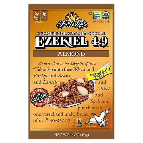 Food For Life Ezekiel 4:9 Almond Sprouted Crunchy Cereal, 16 oz
The Live Grain Difference™
Did You Know?
Food For Life Ezekiel 4:9® sprouted grain crunchy cereals are made from sprouted organic live grains, legumes, and seeds, and contain absolutely no flour. Sprouting is the only way to release all of the vital nutrients stored in whole grains. We add just the right amount of water to healthy, whole, organically grown grains to unlock dormant food energy and maximize nutrition and flavor. Beneficial enzymes are activated which cause the grains to sprout and become a living food. The enzymatic action increases valuable nutrients and also causes a natural change that promotes a more efficient assimilation of protein and carbohydrates. Our exclusive slow baking technique helps preserve valuable nutrients and retain important natural fiber and bran.

Your Body and Taste Buds will Know the Difference.
The natural whole grain goodness and energy source of crunchy Ezekiel 4:9® cereal is a great way to start the day off right. 
~ Ezekiel 4:9® cereal can be enjoyed as a hot or cold breakfast cereal.
~ Top with fresh fruit for a healthy snack anytime, such as after a workout or in the evening.
~ Hot Cereal lovers combine Ezekiel 4:9® cereal with a rice milk, soy milk or coconut juice, and heat.

Our Cereals Contain No Refined Sugar, Preservatives, Artificial Colors or Flavors, No Shortening and No Cholesterol.
You can see, taste, and smell The Live Grain Difference™ of our crunchy cereals.

The Original 100% Flourless Complete Protein
Ezekiel 4:9® Sprouted Grain Crunchy Cereal is inspired by the Holy Scripture verse: ''Take also unto thee Wheat and Barley and Beans and Lentils and Millet and Spelt and put them in one vessel and make bread of it...''
This Biblical Cereal is Truly the Staff of Life.

The Nutrition Truth
We discovered when these six grains and legumes are sprouted and combined, an amazing thing happens. A complete protein is created that closely parallels the protein found in milk and eggs. In fact, the protein quality is so high, that it is 84.3% as efficient as the highest recognized source of protein, containing all 9 essential amino acids. Plus, there are 18 amino acids present in this unique cereal - from all-vegetable sources!