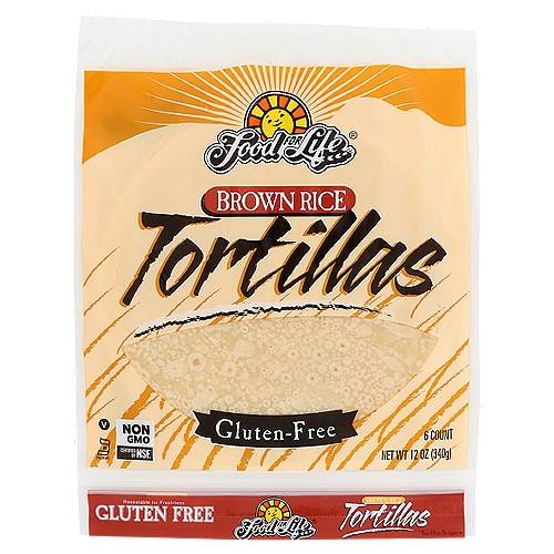 Food For Life Brown Rice Tortillas, 6 count, 12 oz
Food For Life's unique wheat & gluten-free tortillas are specifically developed to be moist, delicious and easy to use. For the great taste of the southwest, warm tortilla before serving, stuff with pinto beans, potatoes, longhorn or soy cheddar and add your favorite salsa. The ideas are endless, just fill with your favorite fillings for a tasty wrap. Great any time for a real treat!