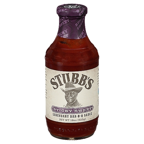 Stubb's Sticky Sweet Legendary Bar-B-Q Sauce, 18 oz
Stubb's Sticky Sweet Barbecue Sauce is the perfect sauce for a barbecue lover. Made with sweet molasses and brown sugar, this thick, rich sauce is dripping with sticky sweetness that you're gonna love on anything you put on the grill. The story goes that Stubb, who loved music and a good road trip, would load his Cadillac with a batch of barbecue he cooked up and head to Memphis. Then he'd find out who was playing a gig that night, show up and turn his food into a backstage pass. After trying some sweet Memphis-style barbecue sauces, he came back to Texas and made his own version. And he sure did make a delicious one. You've never had pork ribs until you've had made them with this sweet Southern-style barbecue sauce. For quality barbecue done right, use Stubb's Sauces, Rubs & Marinades, all made with his secret ingredient “Love and Happiness.”