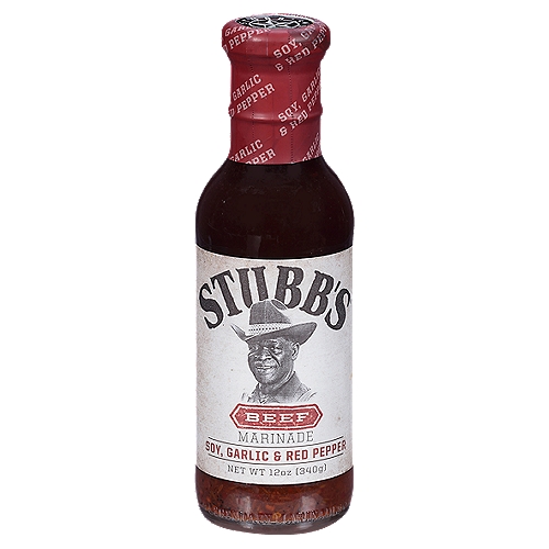 Stubb's Soy, Garlic & Red Pepper Beef Marinade, 12 oz
Marinate any cut for an hour - longer for more flavor. Baste with fresh marinade as you grill or bake. Also great in slow cookers, stir-frys and skillets.

Made right with love & happiness