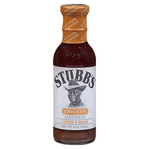 Stubb's Citrus & Onion Chicken Marinade, 12 oz
With a bright, flavorful blend of citrus, onion and garlic, Stubb's Chicken Marinade makes everything you make just right. Use it to marinate any cut of chicken, any which way you prepare it. Just leave it be for an hour, or longer for more flavor.
 
This marinade is also a good bet for steak or pork too. It's made with sugar and seasonings, so you make a great tasting cut of meat whether you're using a skillet, a slow cooker or stir frying. And what's more, after you start cooking on your BBQ grill, you can also use fresh marinade to baste for extra flavor.