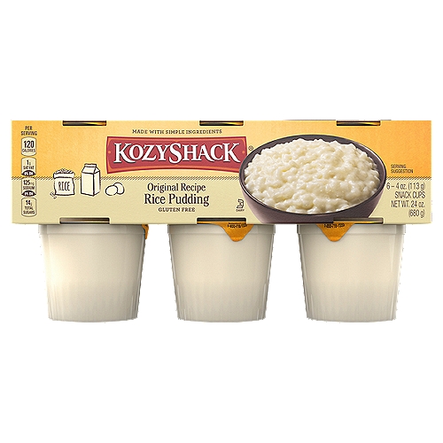 Kozy Shack® Original Recipe Rice Pudding 6-pack, 24 oz
Kozy Shack® Rice Pudding is made with milk, eggs, rice, and sugar. At Kozy Shack, we believe that simple ingredients make for better-tasting pudding and desserts. That's why our tried-and-true recipes use the same quality ingredients you would use in your own kitchen, slow-simmered in small-kettle batches.