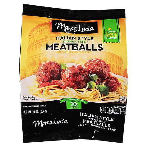 Mama Lucia Italian Style Meatballs Dinner Size, 10 oz
Our flame broiled Italian Style Meatballs combine tender cuts of chicken, pork & beef, authentic Italian seasonings and Romano cheese into a deliciously fast and easy savory meal solution. Fully cooked for convenience, they're sensational for solo snacking, too! Family-owned and operated.