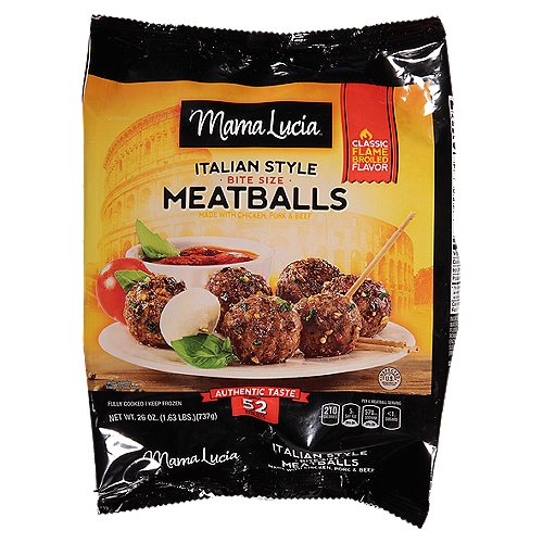 Mama Lucia Classic Flame Broiled Flavor Italian Style Meatballs Bite Size, 26 oz
Our flame broiled Italian Style Meatballs combine tender cuts of chicken, pork & beef, authentic Italian seasonings and Romano cheese into a deliciously fast and easy savory meal solution. Fully cooked for convenience, they're sensational for solo snacking, too! Family-owned and operated.
