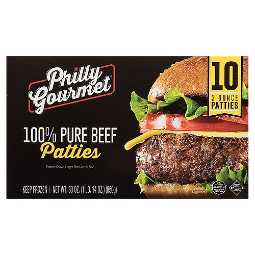 Philly Gourmet 100% Pure Beef Patties, 3 oz, 10 count
Looking for meals your whole family will love? Our mouthwatering Philly Gourmet® 100% Beef Patties are incredibly juicy, amazingly delicious and outrageously easy to prepare!